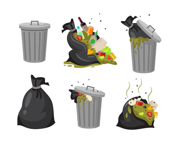 Trash bags and dustbin vector illustrations set. Collection of black sacks with food waste, open dirty garbage cans or dumpsters with rubbish or junk on white background. Ecology, pollution concept