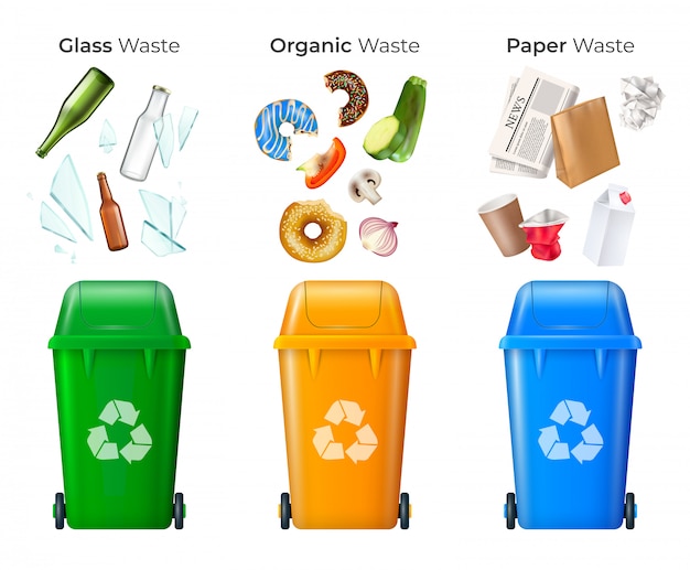 Free Vector trash and recycling set with glass and organic waste realistic isolated