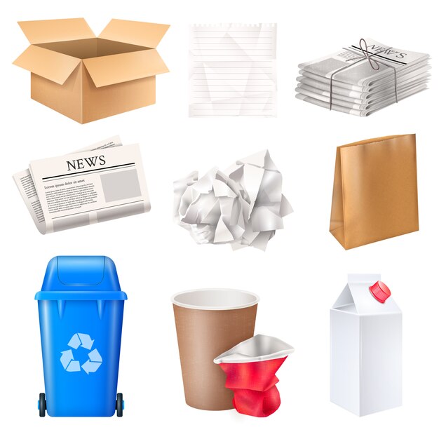 Trash and waste set with cardboard and paper realistic isolated