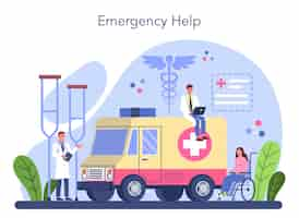 Free vector traumatologist and trauma surgery doctor injured limb broken bone or sprain bondage and cast application emergency help vector illustration