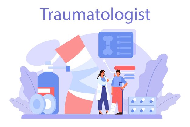 Traumatologist and trauma surgery doctor Injured limb broken bone or sprain Bondage and cast application Joint and burn injury Vector illustration