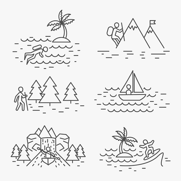 Travel activities line icons or outdoor activities linear signs  .