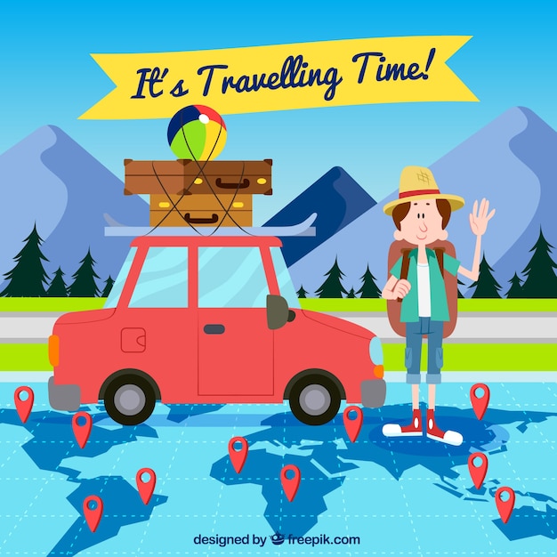 Free Vector travel background with car and pin map