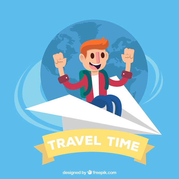 Travel background with man on paper plane