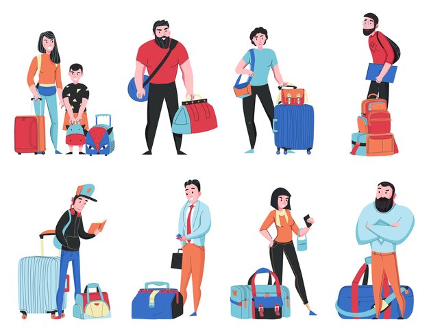 Travel bags set with tourists isolated illustration