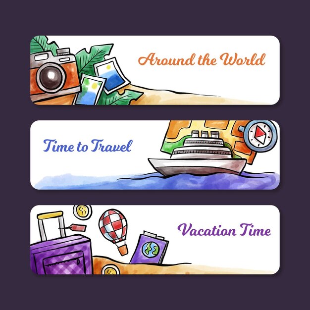 Travel banners in watercolor style