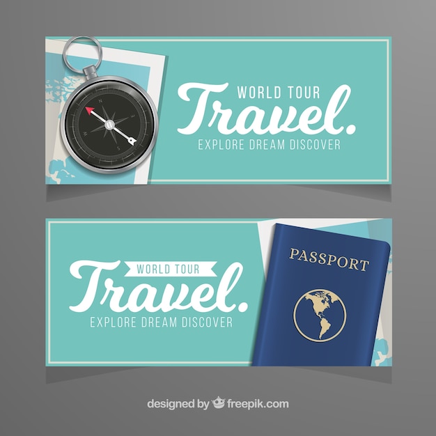 Travel banners with passport and compass