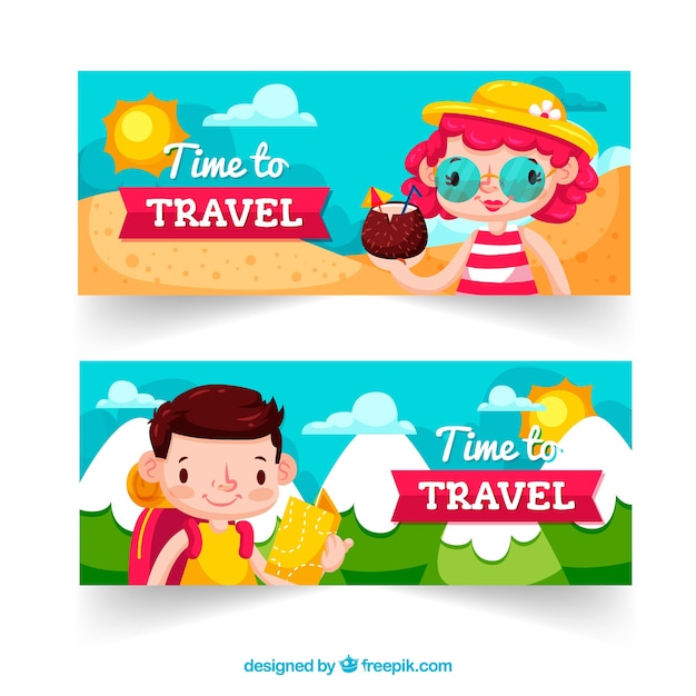 Travel banners with people on vacation