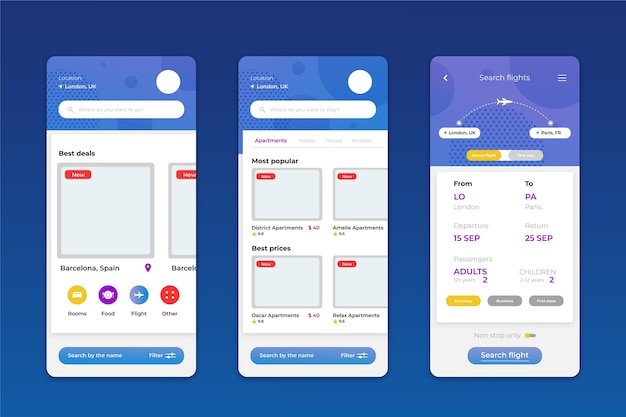 Travel booking app screens