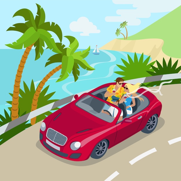 Travel couple cabrio car flat 3d web