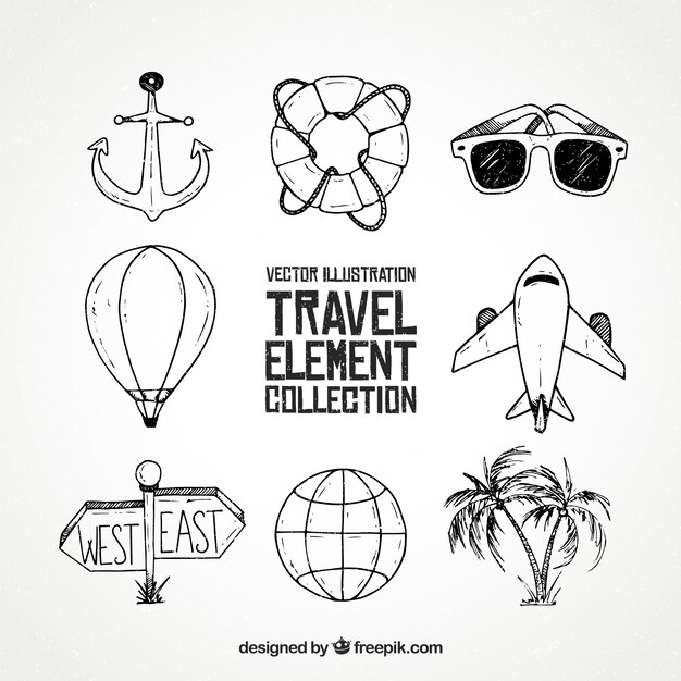 Travel elements collection in hand drawn style