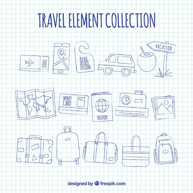 Travel elements collection in hand drawn style