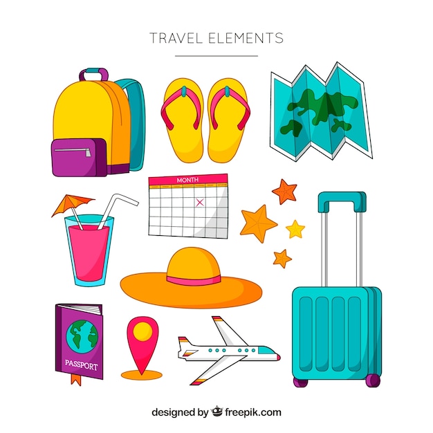 Free vector travel elements collection in hand drawn style