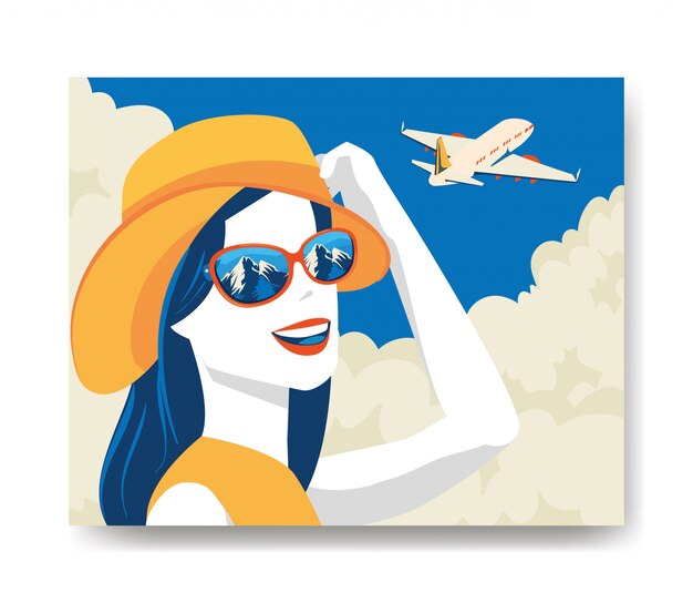 Travel illustration with woman and airplane