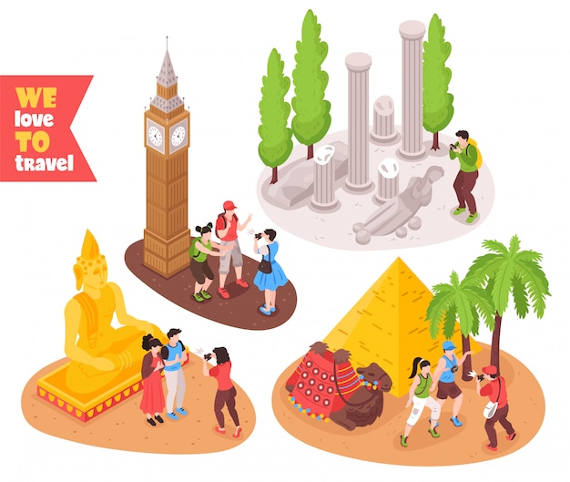 Travel journey concept 4 isometric compositions with tourists visiting egypt pyramids london big ben rome