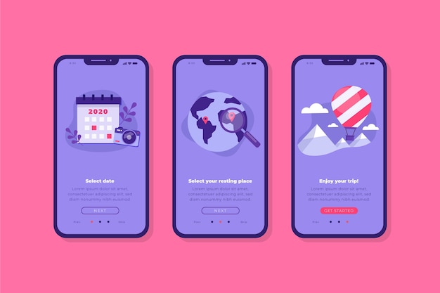 Free vector travel onboarding app screens