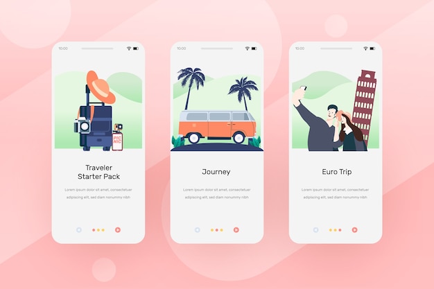 Travel onboarding app screens