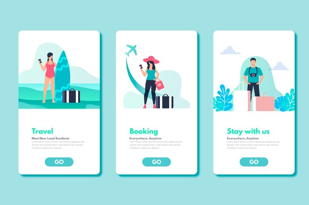 Travel onboarding app screens