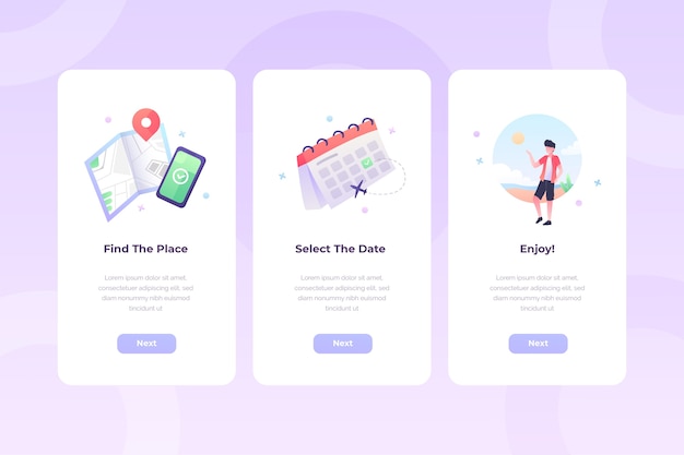 Travel onboarding app screens