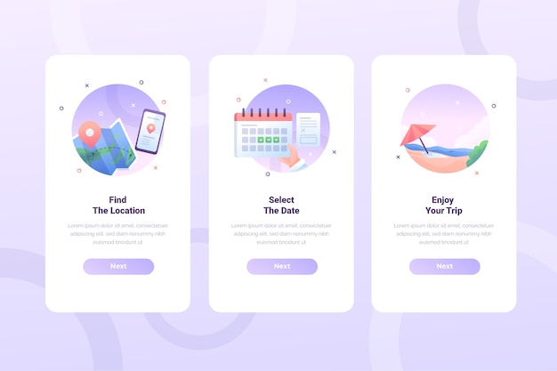 Travel onboarding app screens