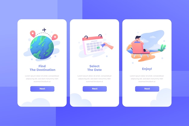 Travel onboarding app screens