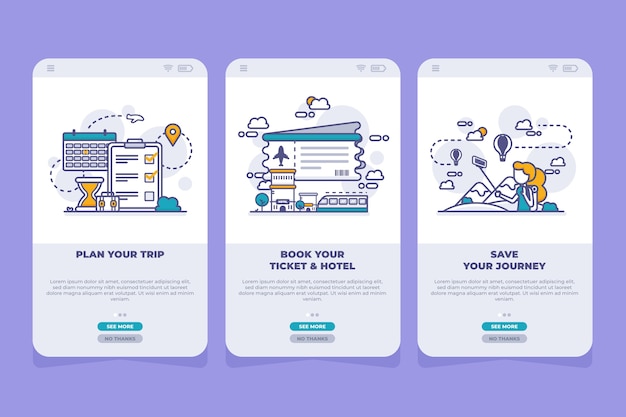 Travel onboarding app screens