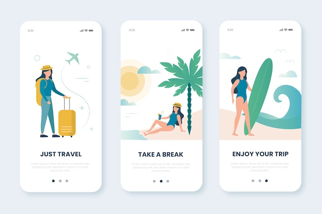 Travel onboarding app screens