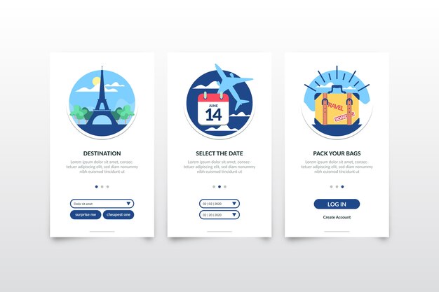 Travel onboarding app screens