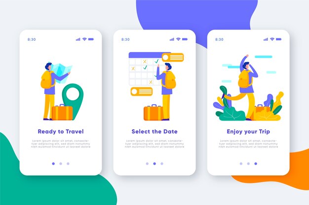 Travel onboarding app screens