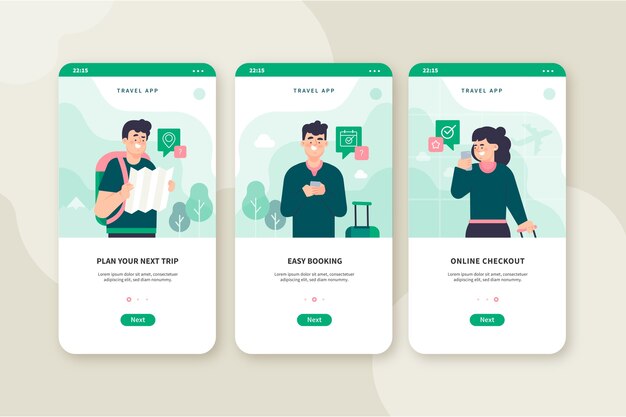 Travel onboarding app screens