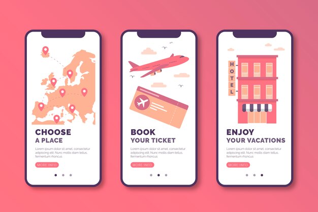 Travel online onboarding app screens collection