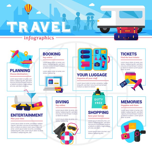 Travel planning organizing and spending infographics 