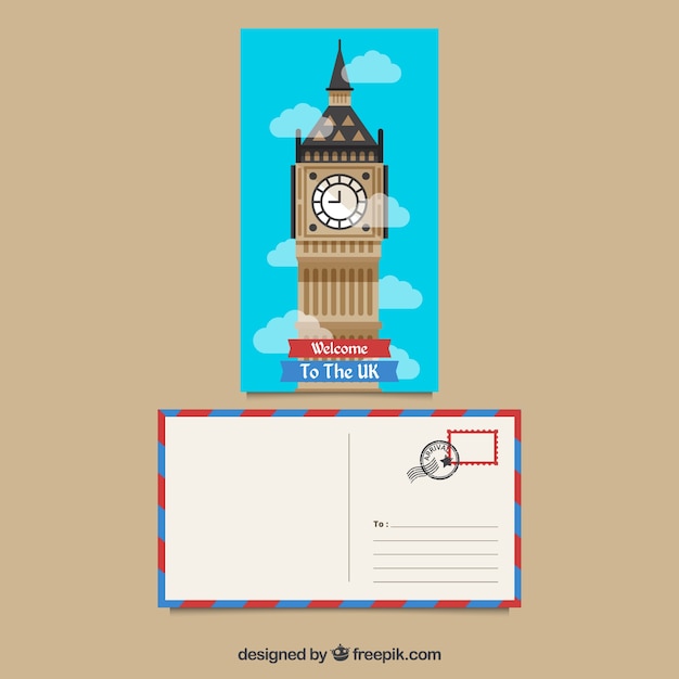 Travel postcard with big ben in flat style