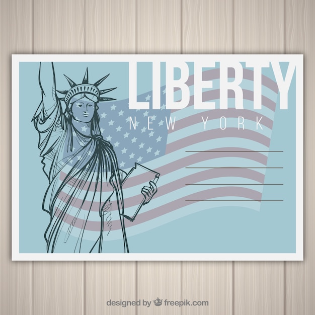 Free vector travel postcard with liberty statue in hand drawn style