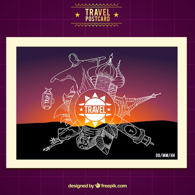 Free vector travel postcard with monolines monuments