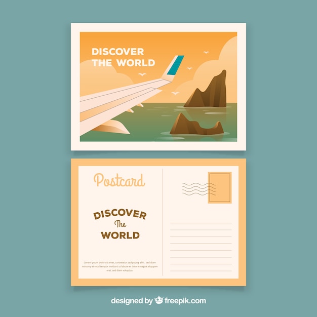 Free vector travel postcard with ocean and airplane