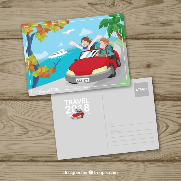 Free vector travel postcard with people traveling in flat style