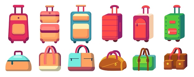 Travel suitcase journey package business travel bag trip luggage Collection different bags heap of baggage suitcases luggage Vector illustration