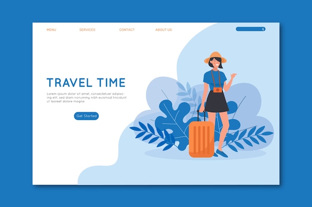 Free Vector travel time woman with luggage landing page