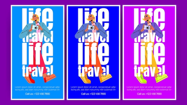 Travel and vacation posters with girl tourist