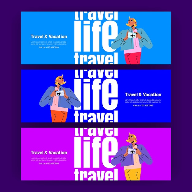 Free vector travel and vacation posters with girl tourist