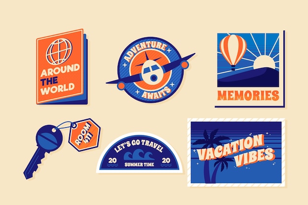 Free Vector traveleling sticker collection in 70s style