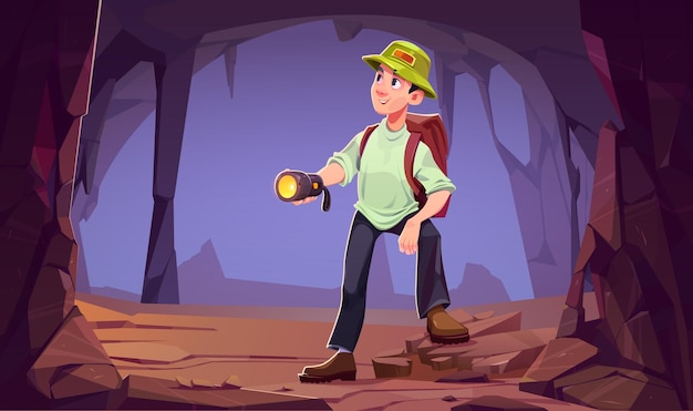 Free Vector traveler man at mountain cave entrance hiking