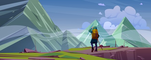 Traveler at mountain landscape with peaks covered with fog. Travel or wanderer extreme journey, adventure. Tourist with backpack look into the distance on high rock tops, Cartoon vector illustration