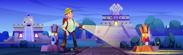 Free Vector traveler at night aztec city with ancient pyramids