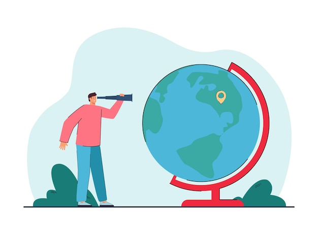 Free Vector traveler with spyglass looking at huge globe with location pin. man choosing destination flat vector illustration. vacation, traveling concept for banner, website design or landing web page