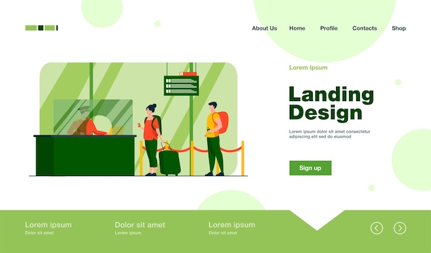 Travelers standing in queue for flight registration. Landing page in flat style.