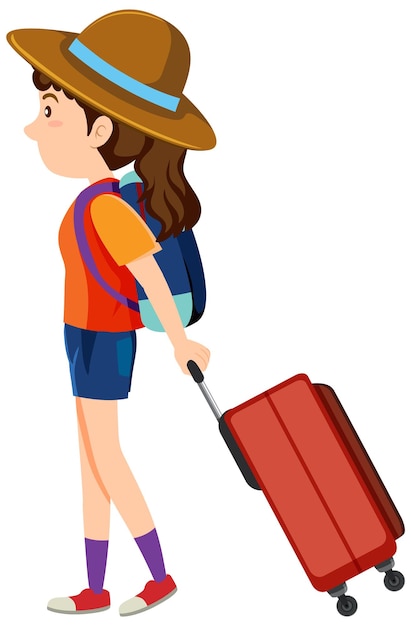 A traveller girl dragging luggage on white background