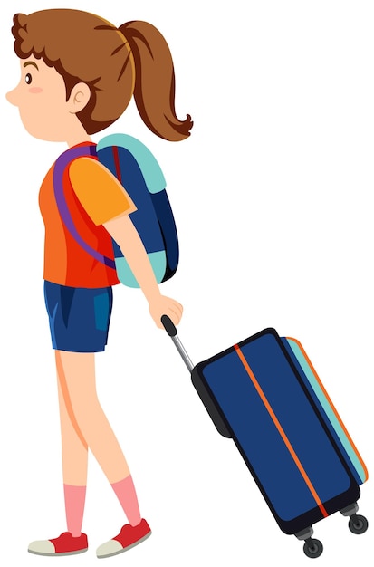 A traveller woman dragging luggage on white background