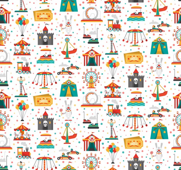 Travelling carnival amusement park show fair seamless festive pattern with retro tickets clown